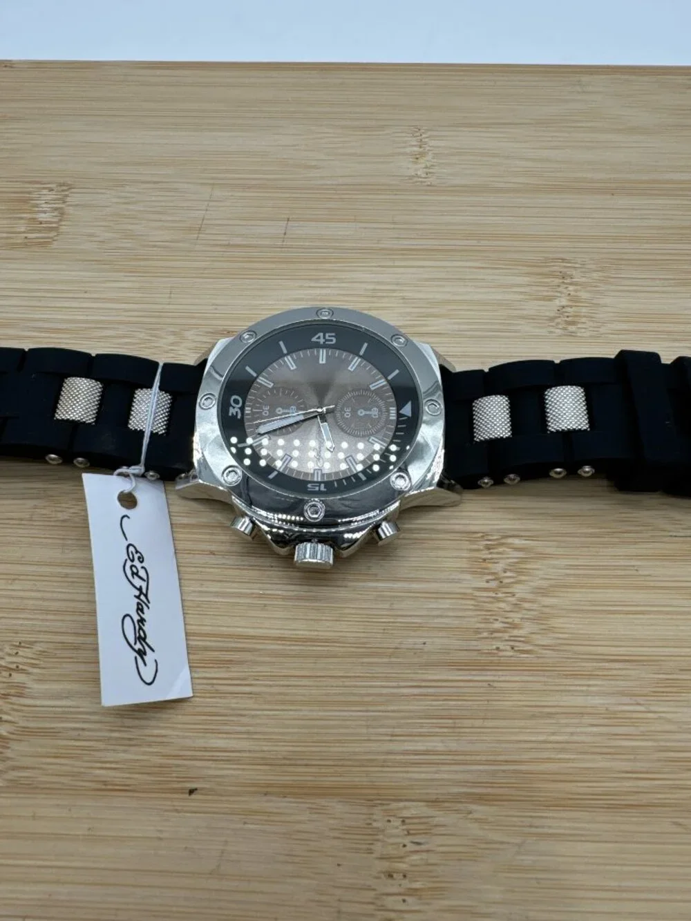 Ed Hardy Men's Silver Black Dial Black Silicone Band Quartz Watch